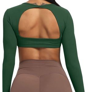 Aoxjox Long Sleeve Clarissa Backless Crop Top - Green, Medium